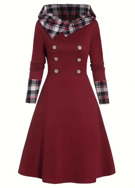 Wine Red 1950s Plaid Patchwork Hooded Dress